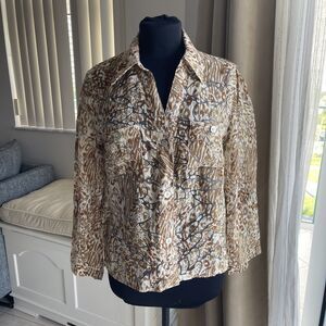 Hearts Of Palm Button Up Top Geometric Sheer Brown 3/4 Roll Sleeve V Neck PS